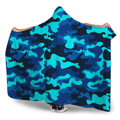 Blue And Black Camouflage Print Hooded Blanket