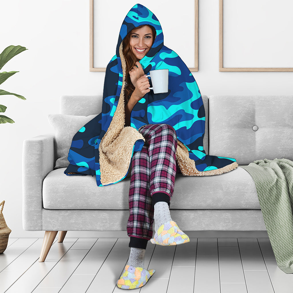 Blue And Black Camouflage Print Hooded Blanket