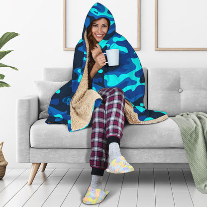 Blue And Black Camouflage Print Hooded Blanket