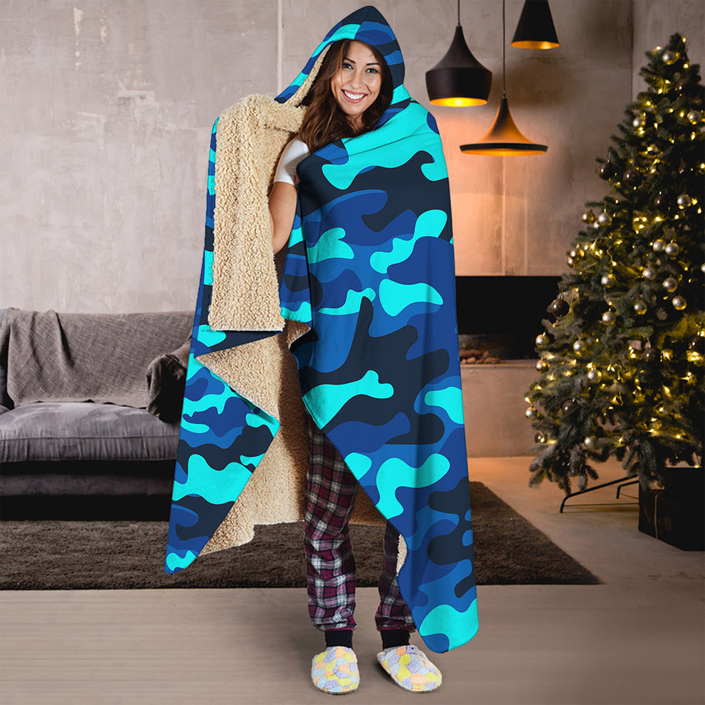 Blue And Black Camouflage Print Hooded Blanket