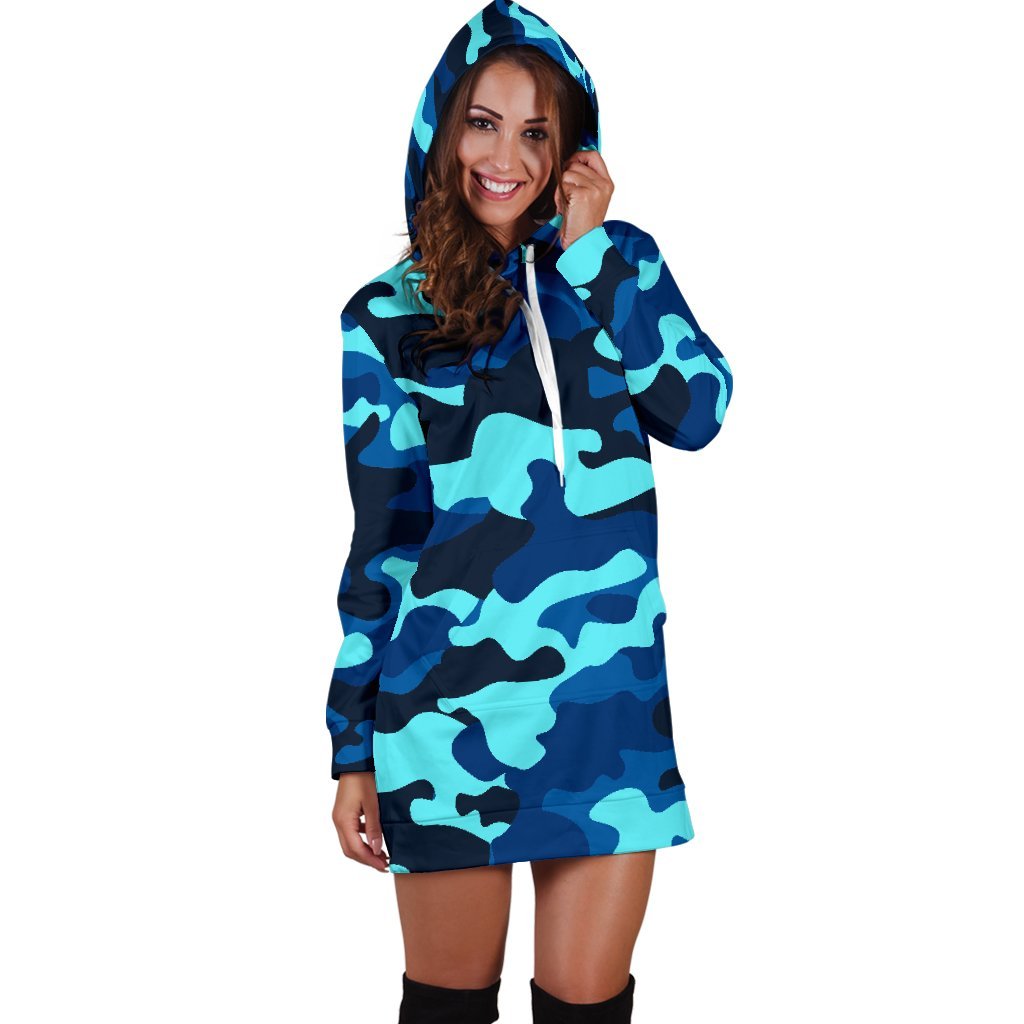 Blue And Black Camouflage Print Hoodie Dress GearFrost