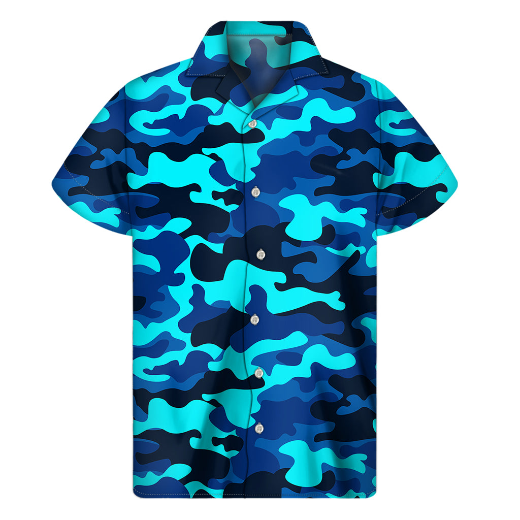 Blue And Black Camouflage Print Men's Short Sleeve Shirt