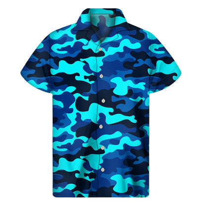 Blue And Black Camouflage Print Men's Short Sleeve Shirt