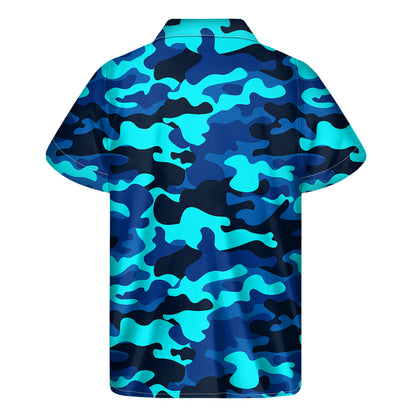 Blue And Black Camouflage Print Men's Short Sleeve Shirt