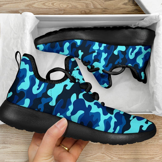 Blue And Black Camouflage Print Mesh Knit Shoes GearFrost