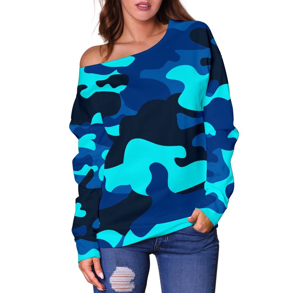 Blue And Black Camouflage Print Off Shoulder Sweatshirt GearFrost