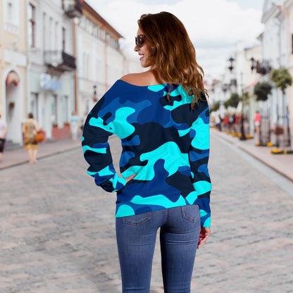 Blue And Black Camouflage Print Off Shoulder Sweatshirt GearFrost