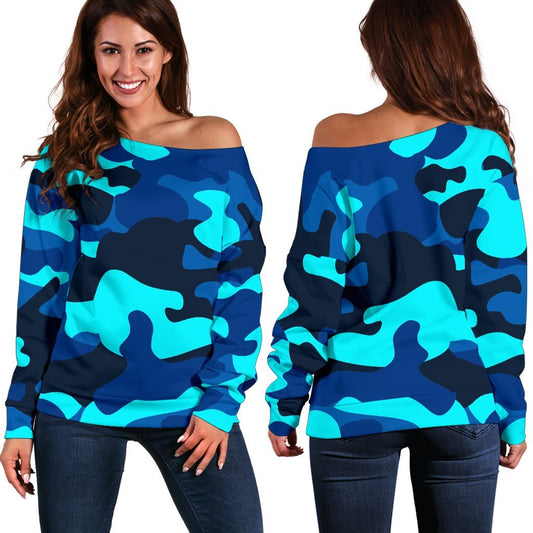 Blue And Black Camouflage Print Off Shoulder Sweatshirt GearFrost