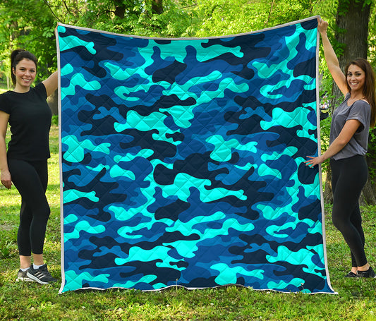Blue And Black Camouflage Print Quilt