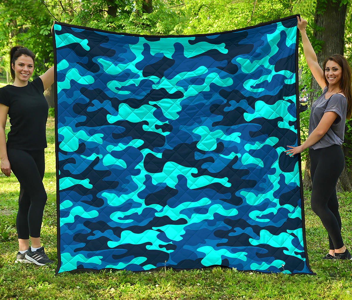 Blue And Black Camouflage Print Quilt