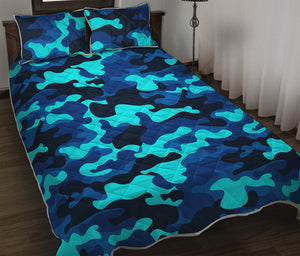 Blue And Black Camouflage Print Quilt Bed Set