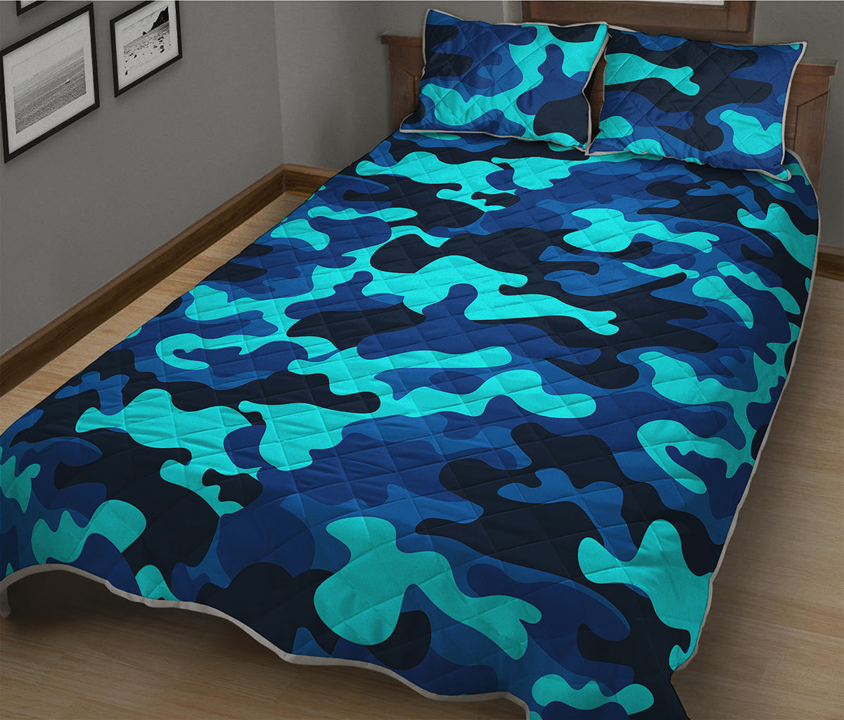 Blue And Black Camouflage Print Quilt Bed Set