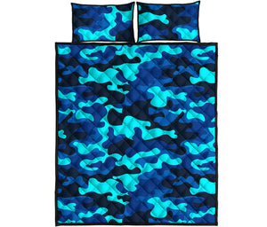 Blue And Black Camouflage Print Quilt Bed Set