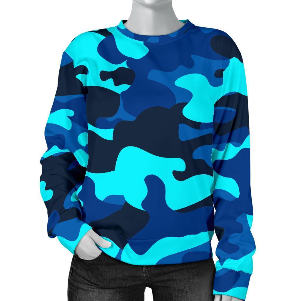 Blue And Black Camouflage Print Women's Crewneck Sweatshirt GearFrost