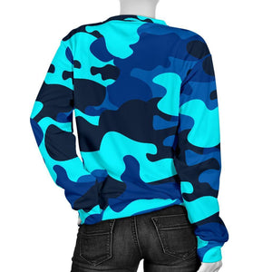 Blue And Black Camouflage Print Women's Crewneck Sweatshirt GearFrost
