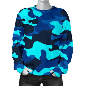 Blue And Black Camouflage Print Women's Crewneck Sweatshirt GearFrost
