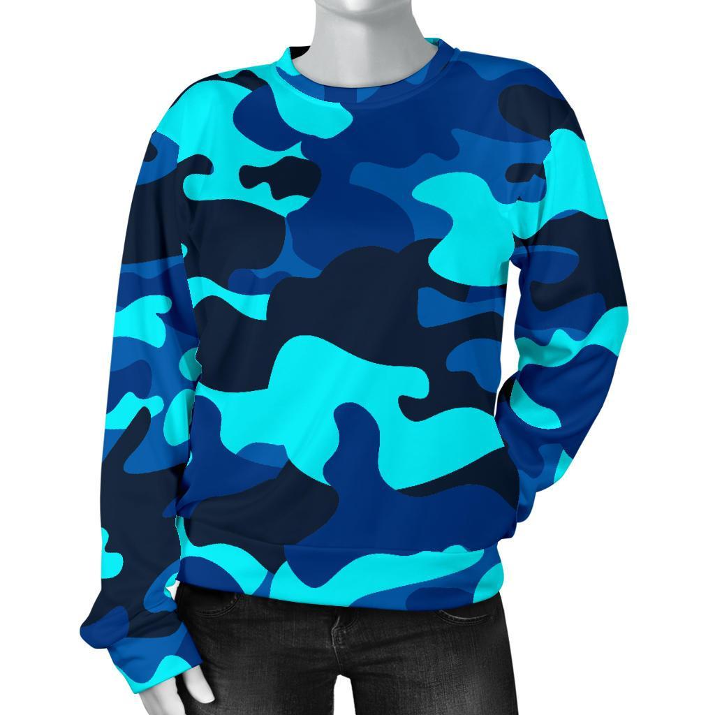Blue And Black Camouflage Print Women's Crewneck Sweatshirt GearFrost