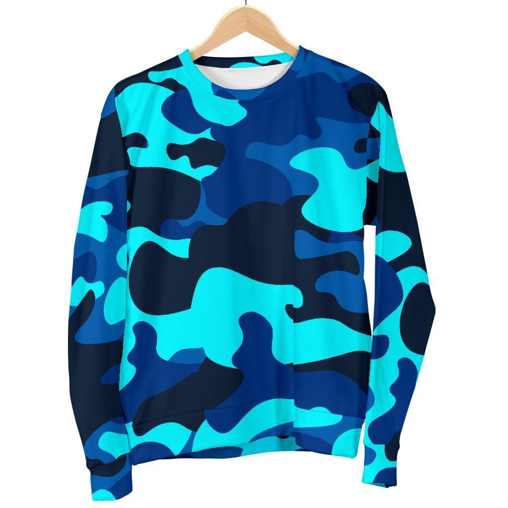 Blue And Black Camouflage Print Women's Crewneck Sweatshirt GearFrost