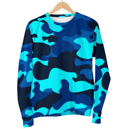 Blue And Black Camouflage Print Women's Crewneck Sweatshirt GearFrost