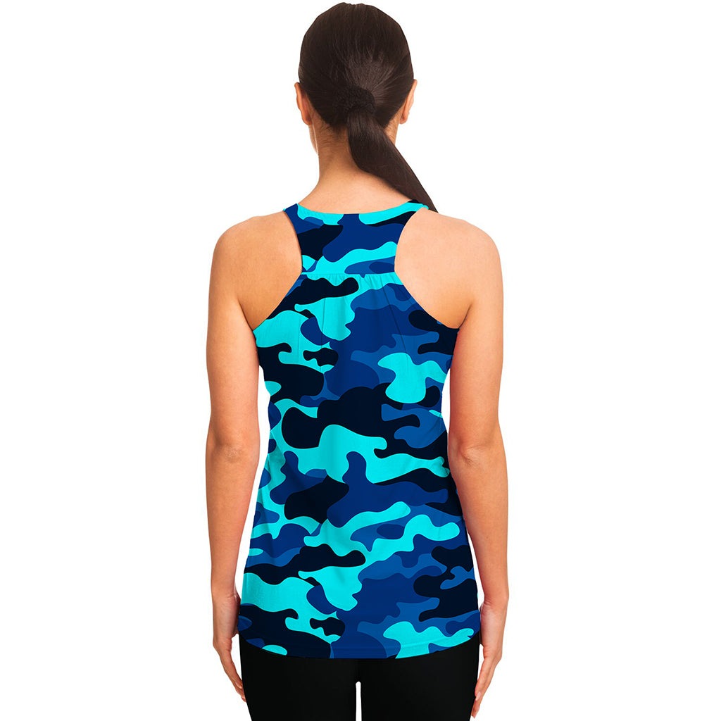 Blue And Black Camouflage Print Women's Racerback Tank Top
