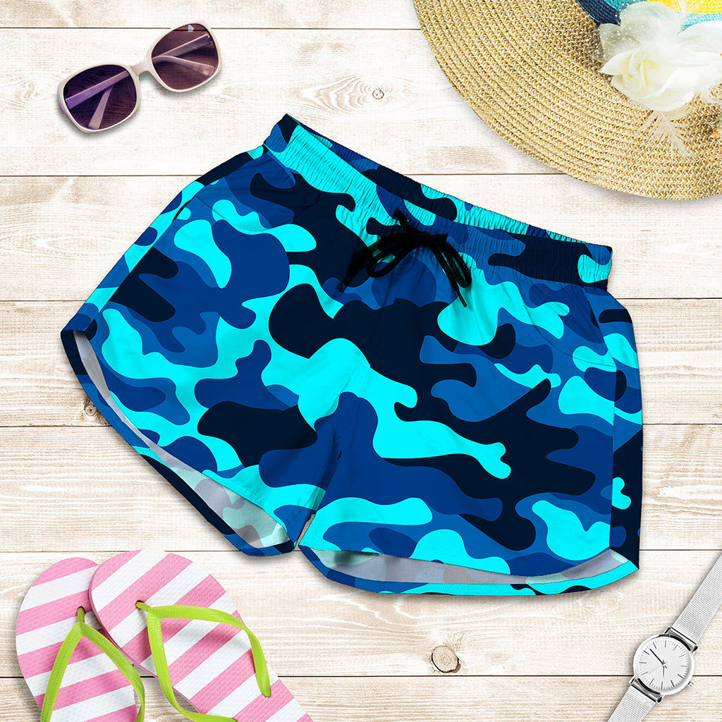 Blue And Black Camouflage Print Women's Shorts