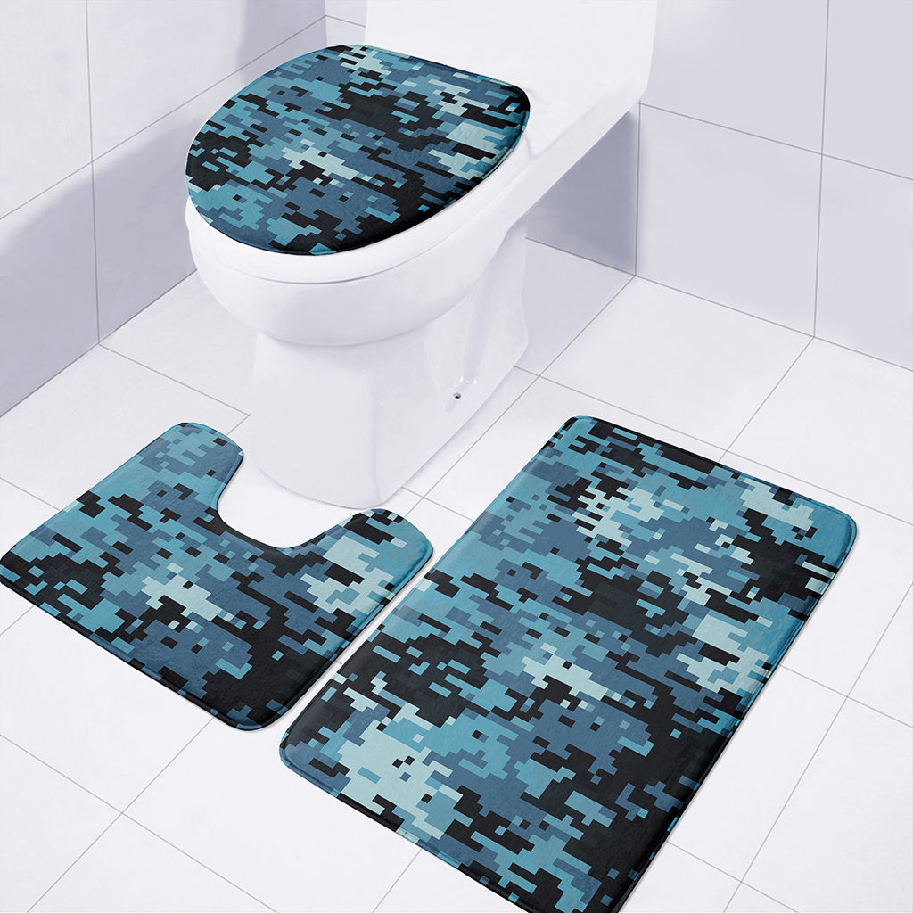 Blue And Black Digital Camo Print 3 Piece Bath Mat Set