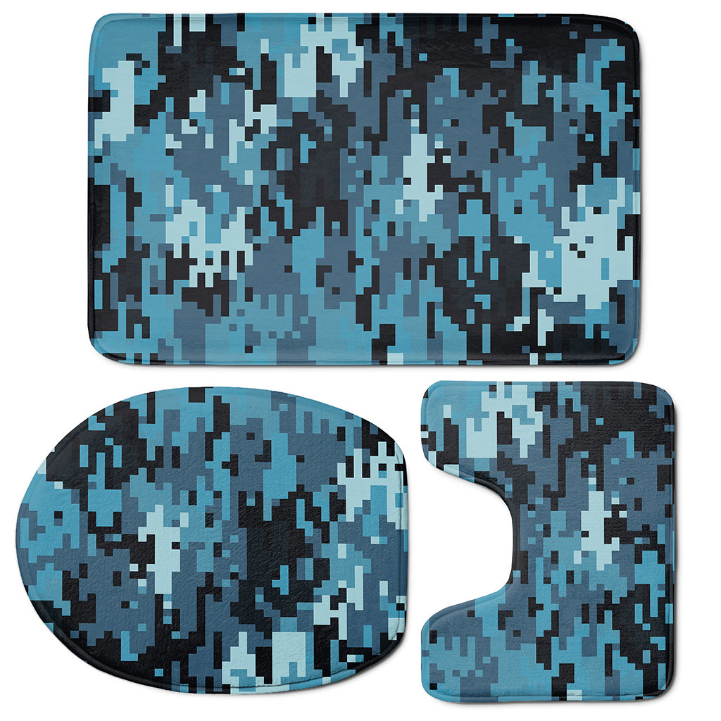 Blue And Black Digital Camo Print 3 Piece Bath Mat Set