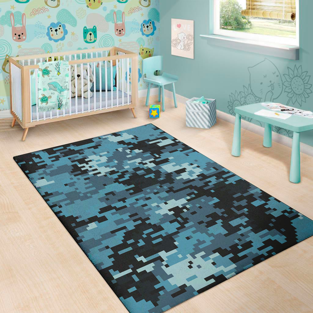 Blue And Black Digital Camo Print Area Rug