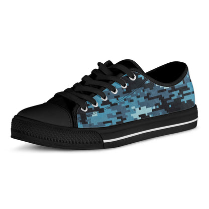Blue And Black Digital Camo Print Black Low Top Shoes
