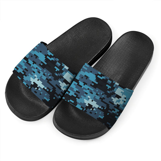 Blue And Black Digital Camo Print Black Slide Sandals