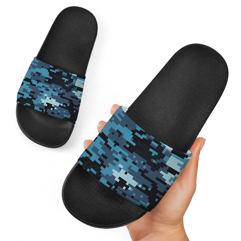 Blue And Black Digital Camo Print Black Slide Sandals