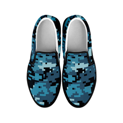 Blue And Black Digital Camo Print Black Slip On Shoes