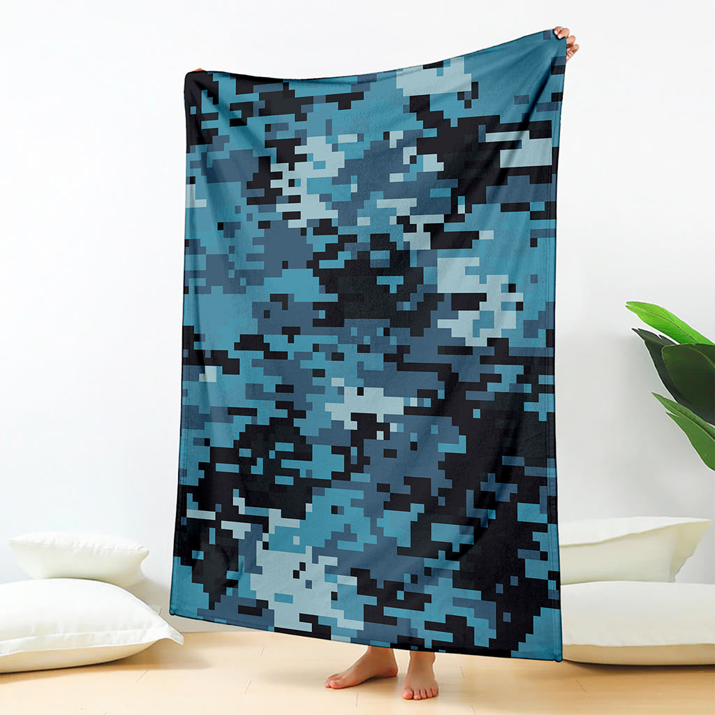 Blue And Black Digital Camo Print Blanket