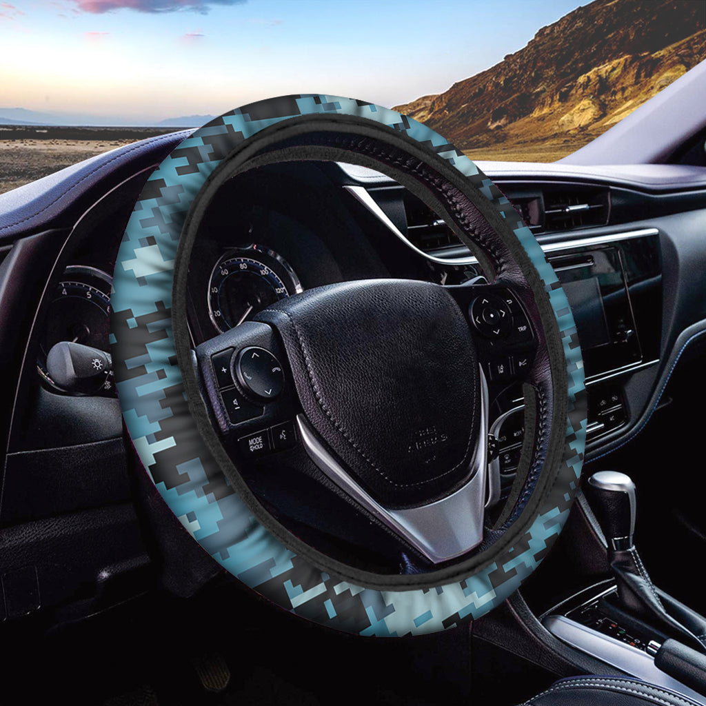 Blue And Black Digital Camo Print Car Steering Wheel Cover