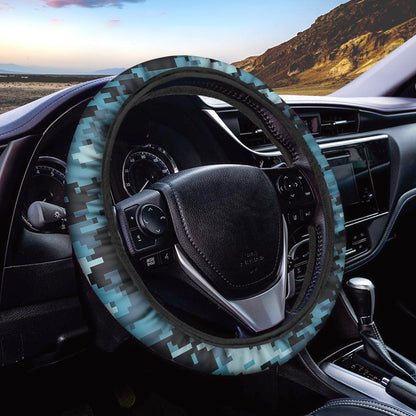 Blue And Black Digital Camo Print Car Steering Wheel Cover