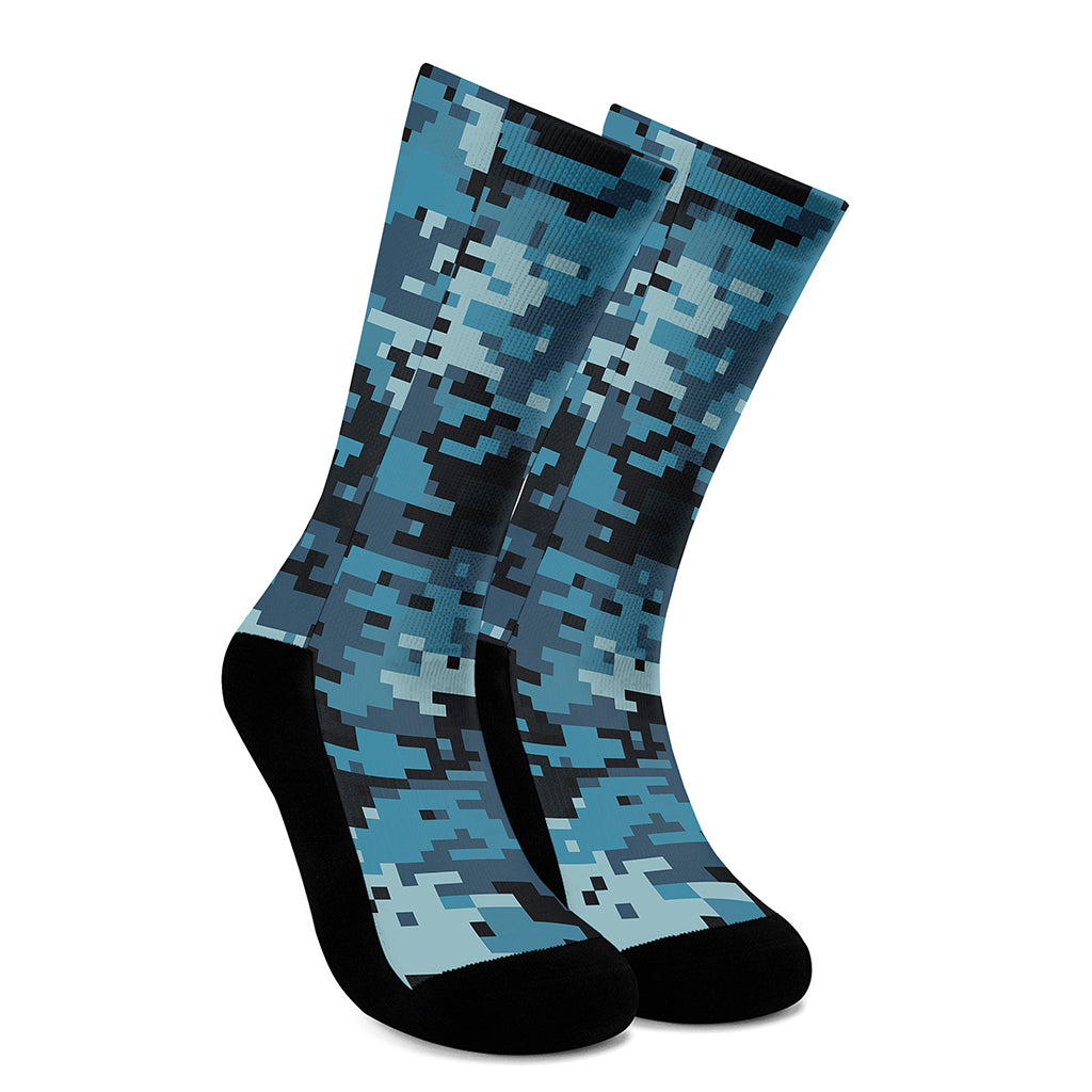 Blue And Black Digital Camo Print Crew Socks