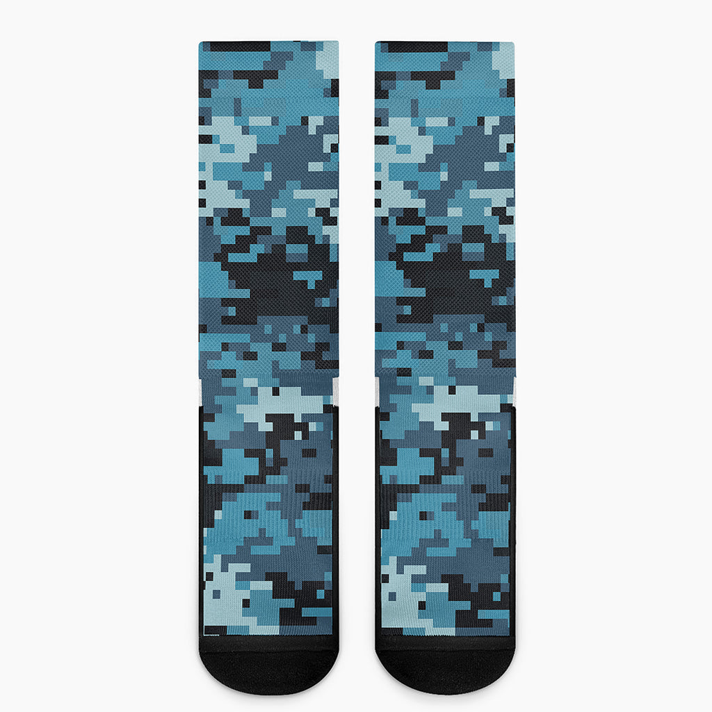 Blue And Black Digital Camo Print Crew Socks