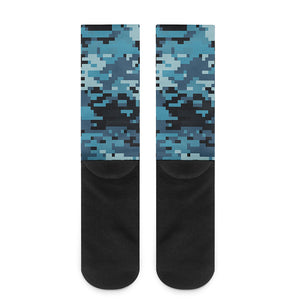 Blue And Black Digital Camo Print Crew Socks