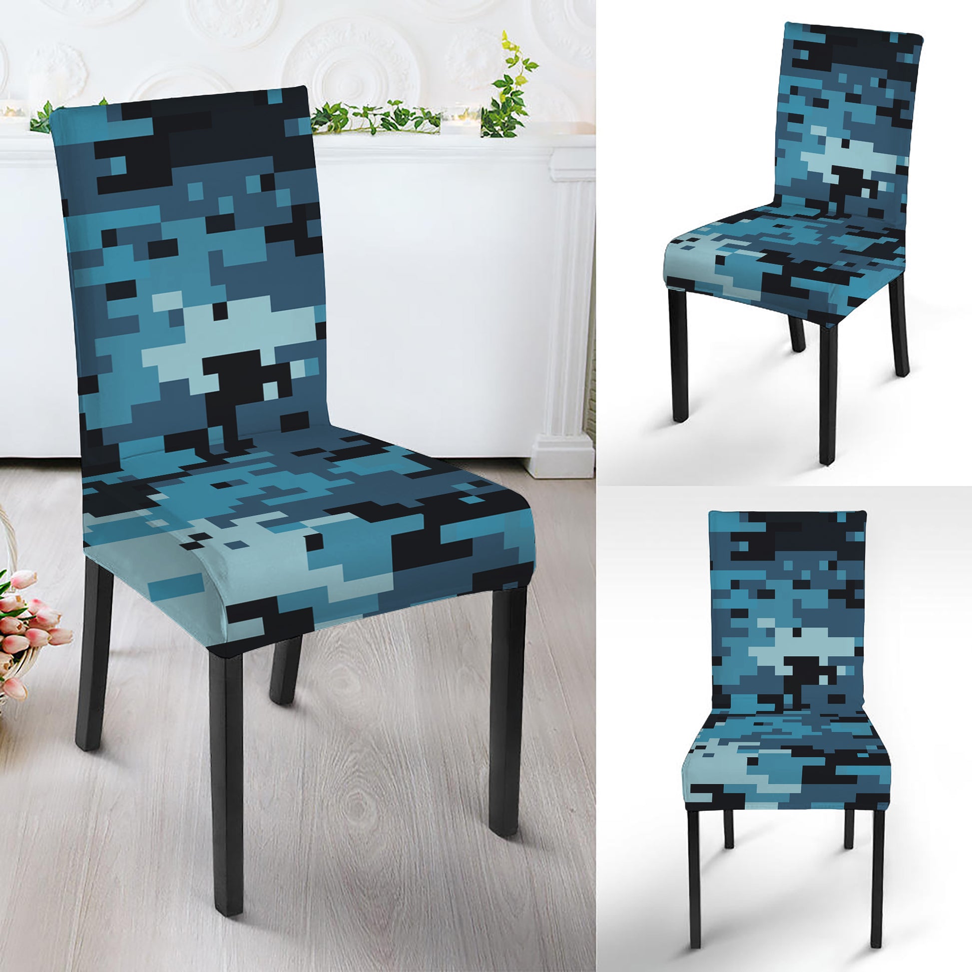Blue And Black Digital Camo Print Dining Chair Slipcover