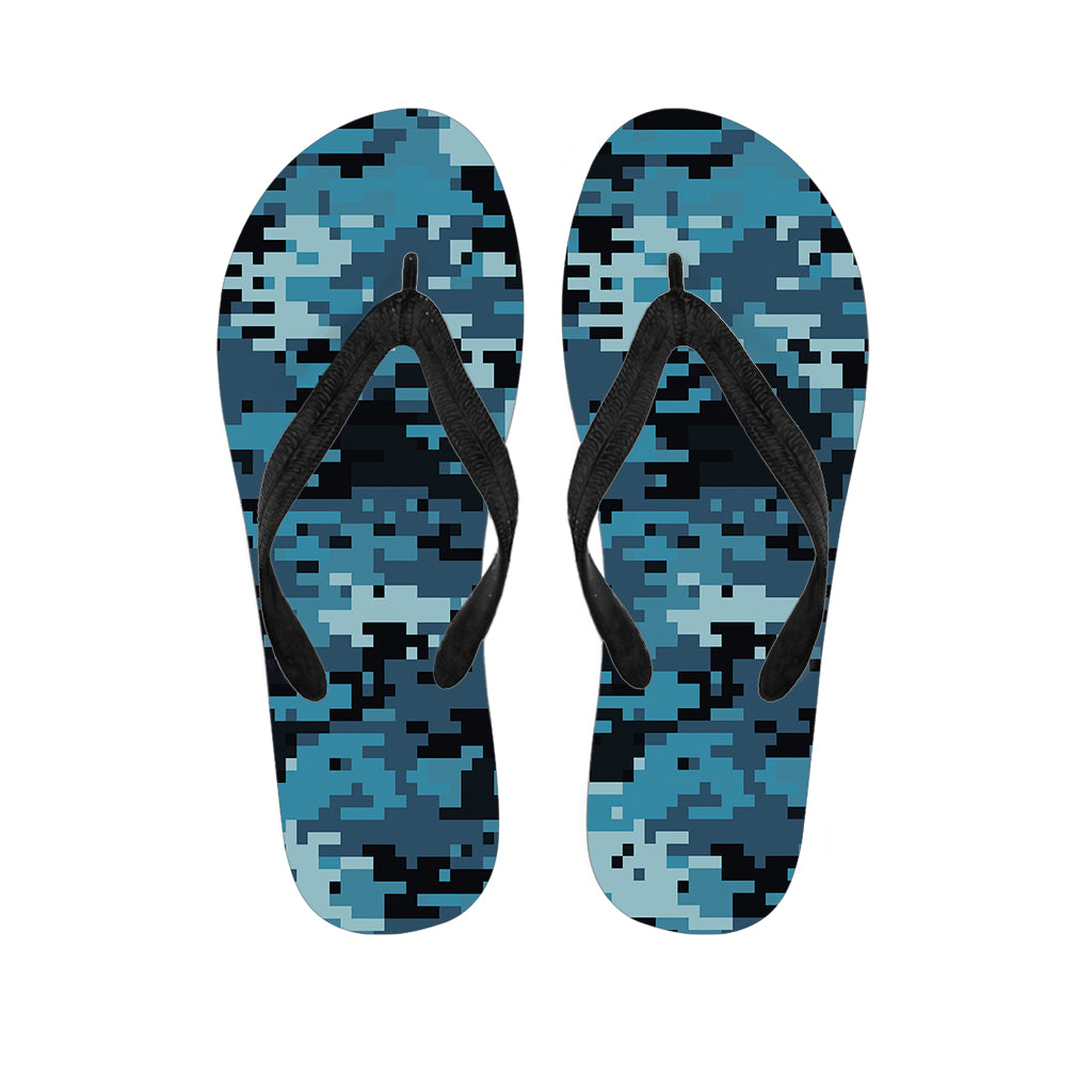 Blue And Black Digital Camo Print Flip Flops