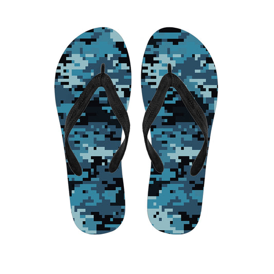 Blue And Black Digital Camo Print Flip Flops