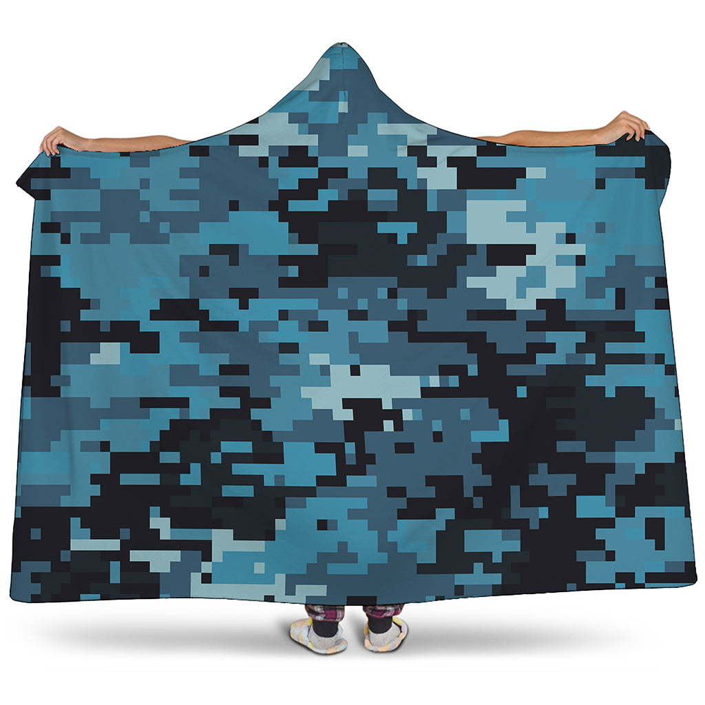 Blue And Black Digital Camo Print Hooded Blanket