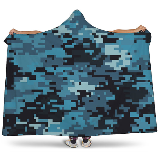 Blue And Black Digital Camo Print Hooded Blanket