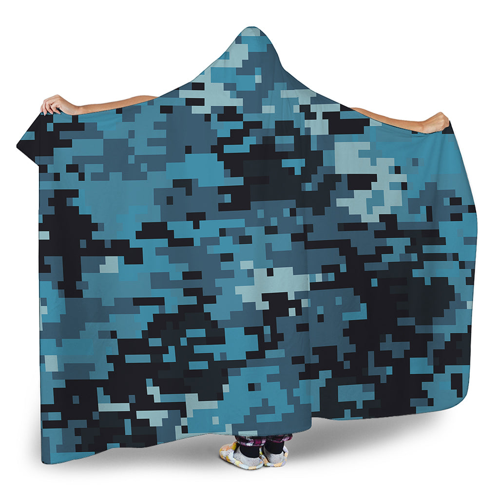 Blue And Black Digital Camo Print Hooded Blanket