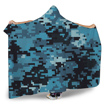 Blue And Black Digital Camo Print Hooded Blanket