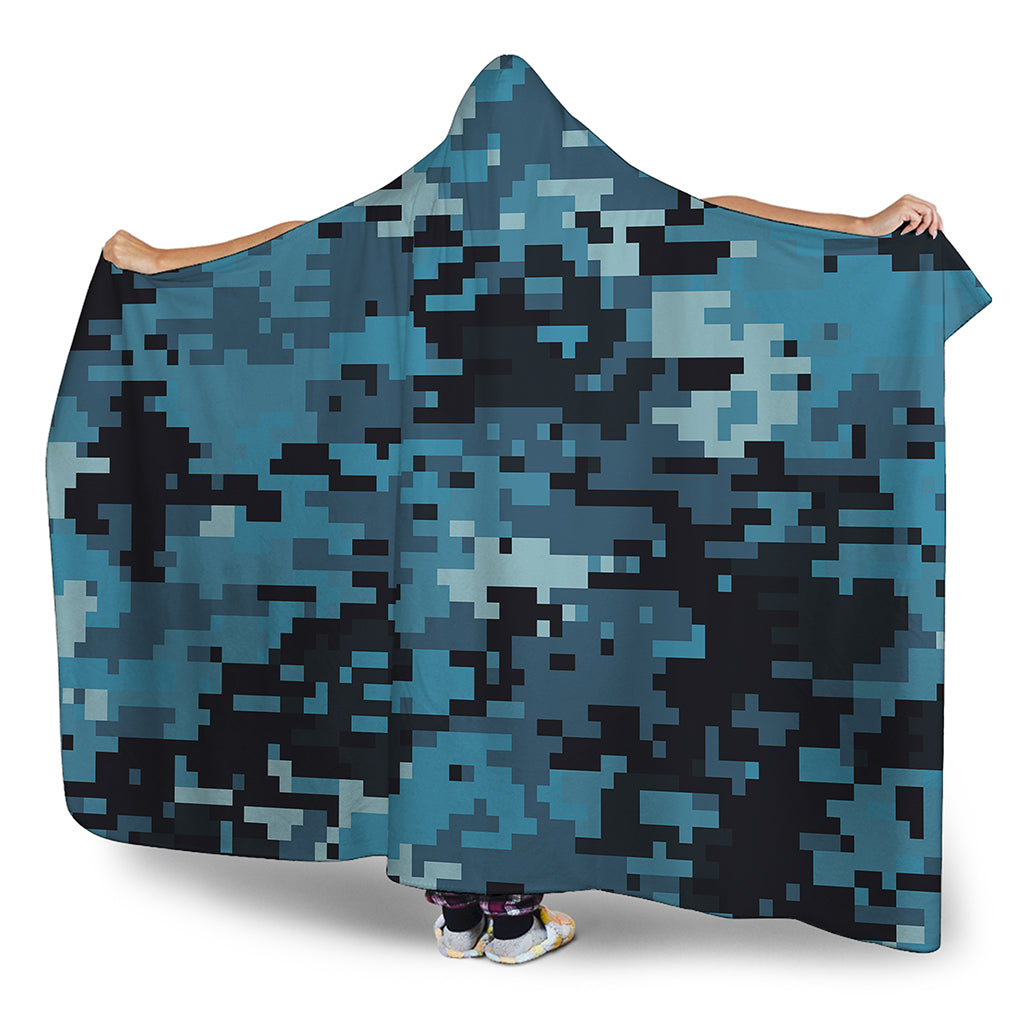 Blue And Black Digital Camo Print Hooded Blanket