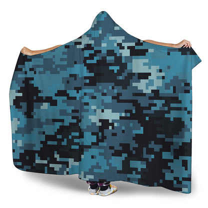 Blue And Black Digital Camo Print Hooded Blanket