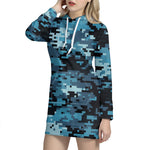 Blue And Black Digital Camo Print Hoodie Dress