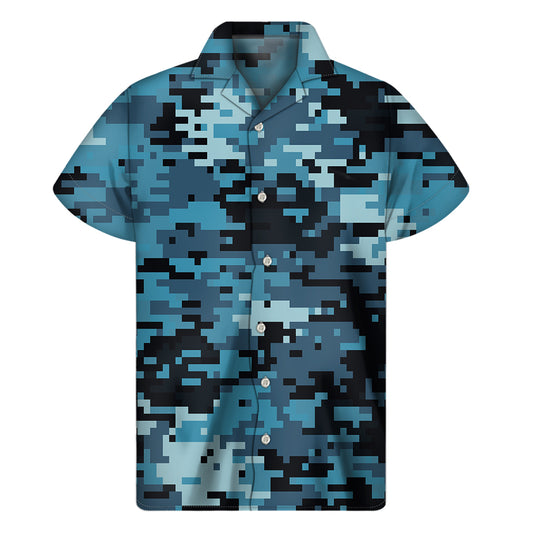 Blue And Black Digital Camo Print Men's Short Sleeve Shirt