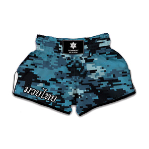 Blue And Black Digital Camo Print Muay Thai Boxing Shorts